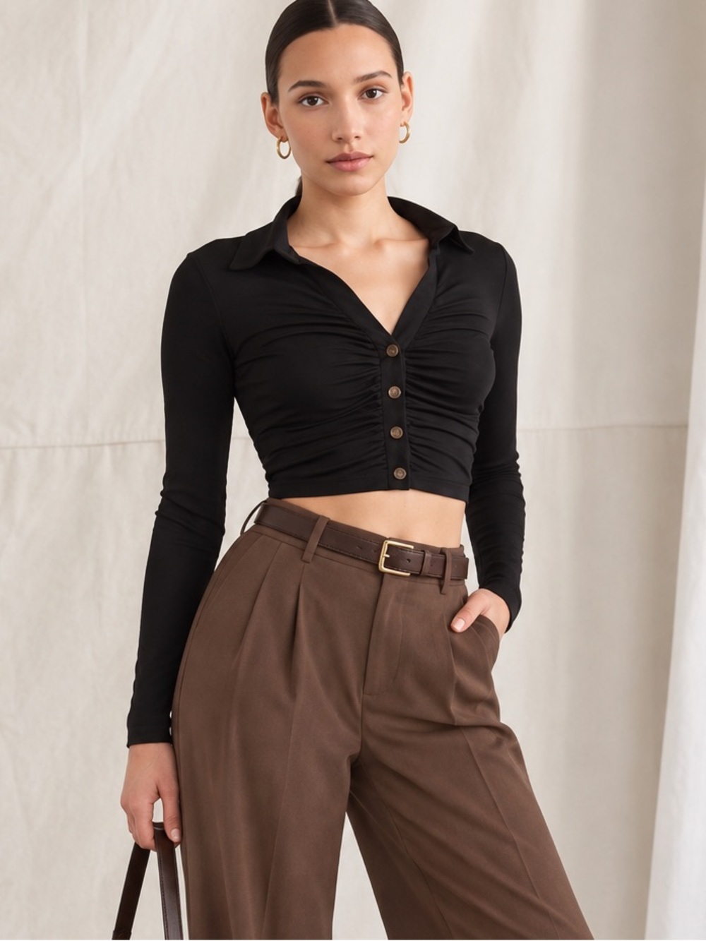 Black Ruched Button Front Collared Crop Top Y2K